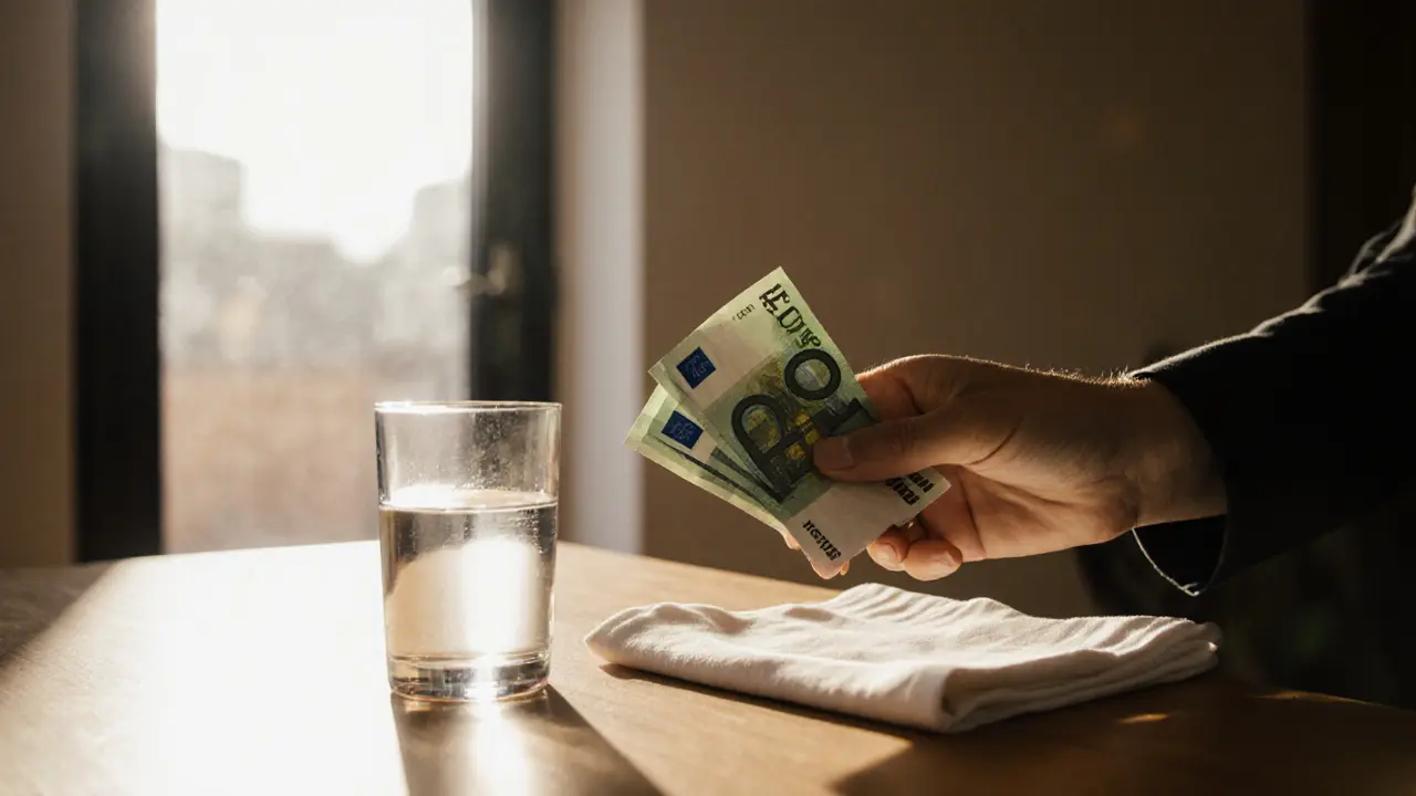 Une main posant de l&#039;argent sur un comptoir, avec un verre d&#039;eau et une serviette, évoquant une fin respectueuse.