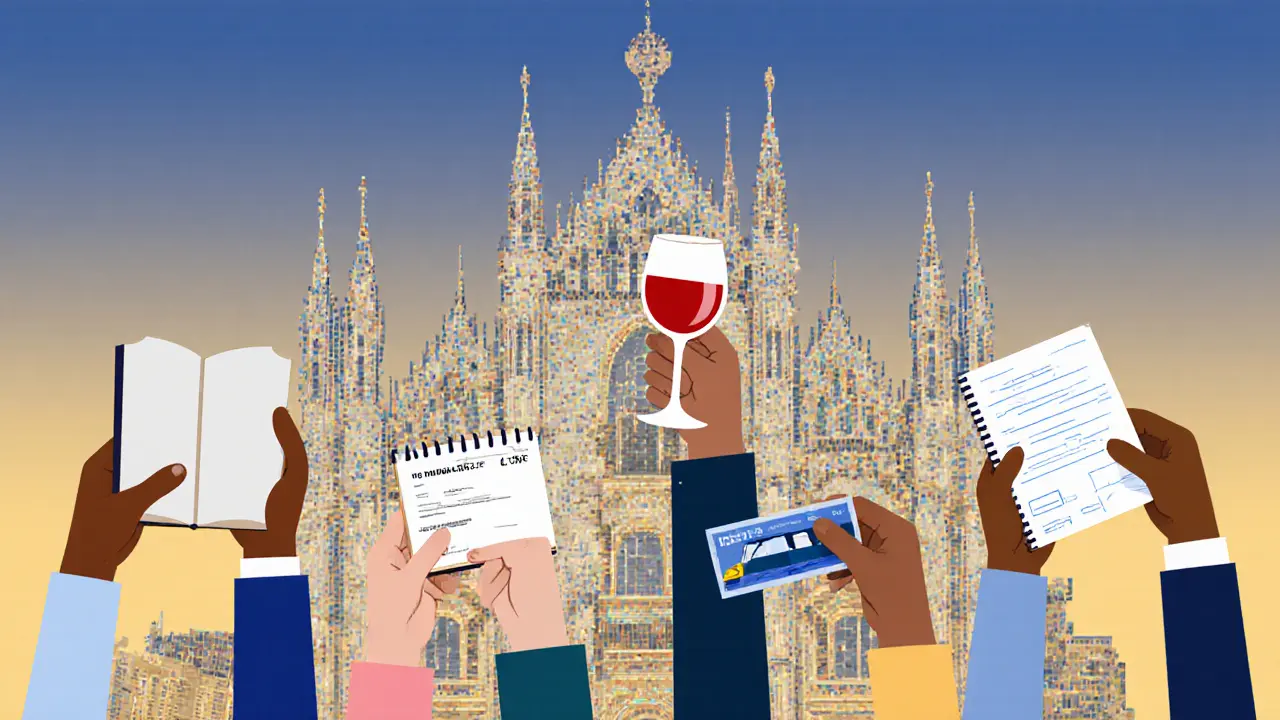 Une mosaïque de mains tenant des objets culturels forme le skyline de Milan, symbolisant la compagnie basée sur l&#039;échange humain.