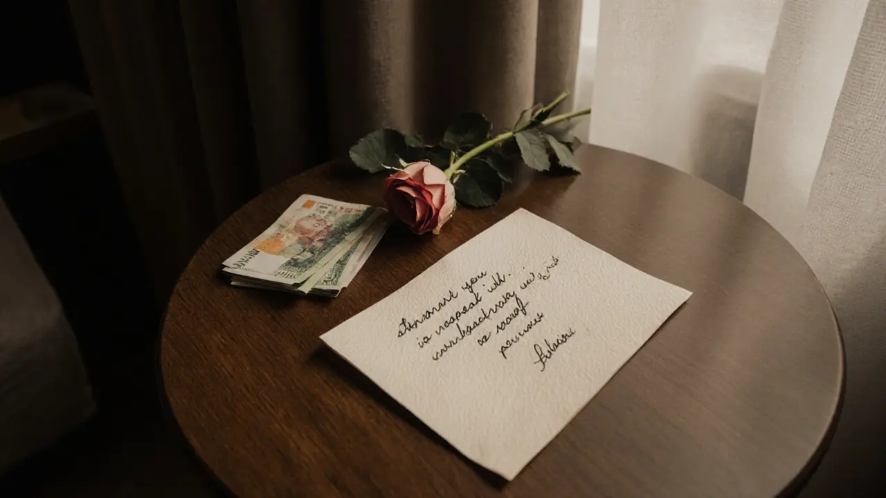 Une note manuscrite et une rose posées sur une table, symbole de gratitude après une soirée authentique à Dubaï.
