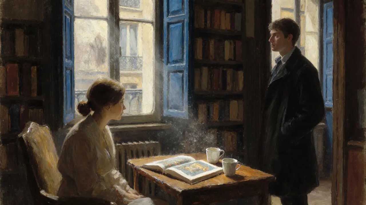 Une pièce lumineuse à Paris avec des volets bleu nuit, deux tasses de café vides et un livre ouvert sur une table en bois.