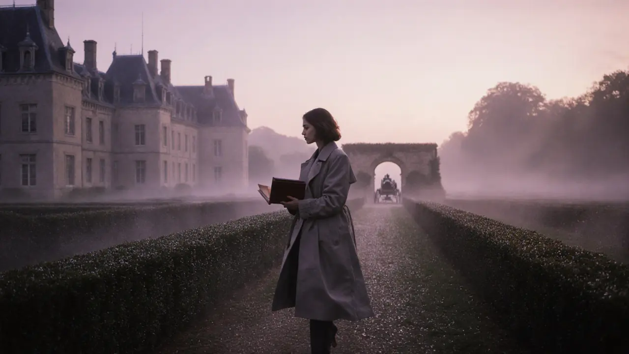 Une silhouette féminine marchant dans les jardins d&#039;un château normand au lever du soleil, sous la brume.