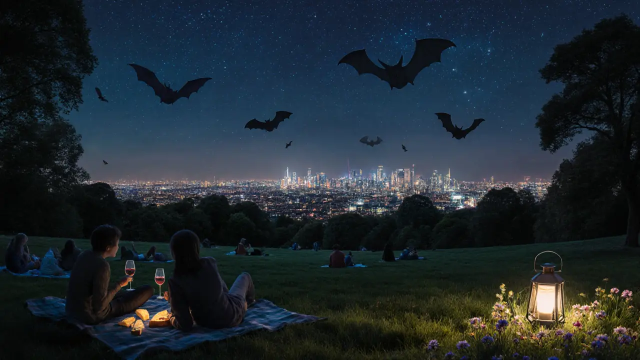 Vue panoramique de Londres depuis Primrose Hill la nuit, avec des personnes allongées sous les étoiles.