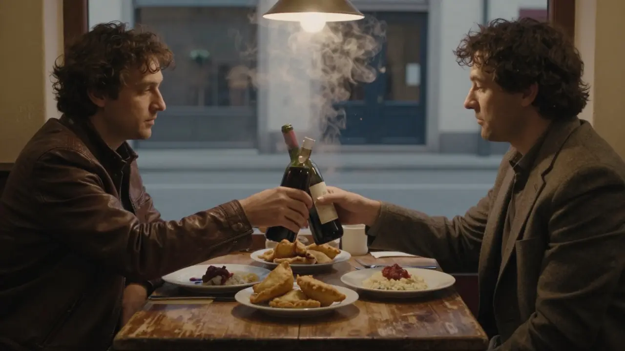 À 5h du matin, deux inconnus partagent un repas et un vin rouge dans un petit restaurant ouvert 24h/24.