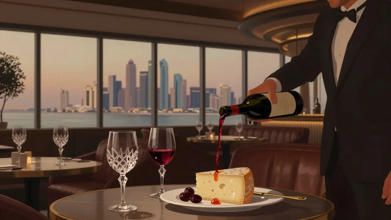 Bar 1909 à Al Maryah Island, ambiance calme avec des verres de vin et une vue panoramique sur la ville.