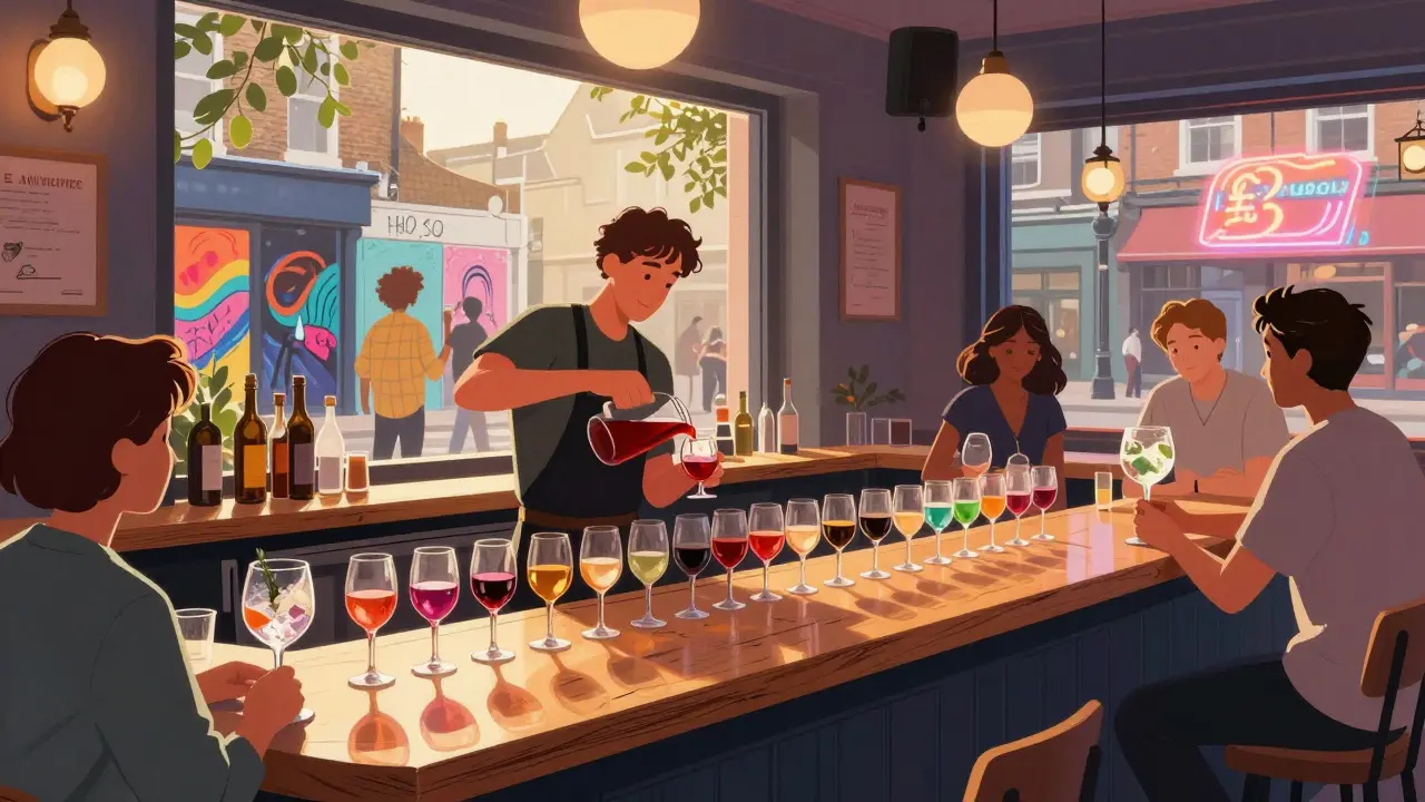 Bar à vin à Shoreditch avec 30 verres de vin et artistes peignant à la fenêtre.