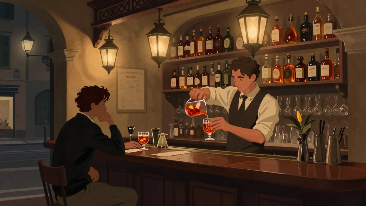 Bar Basso à Brera, un barman prépare un Negroni Sbagliato dans une ambiance intimiste et historique.