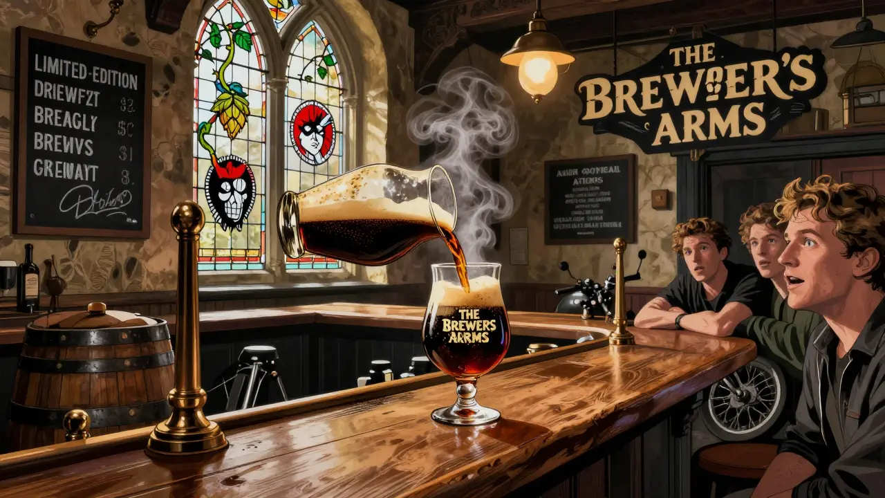 Bar en bois à Camden avec une stout vieillie en fût, décor punk et tableau des bières limitées.
