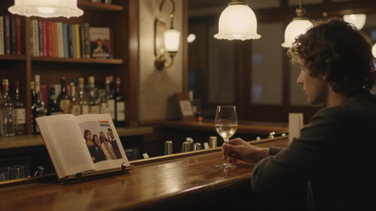 Bar Le Dôme intime, personne seule au comptoir avec des livres queer, éclairage doux et atmosphère paisible.