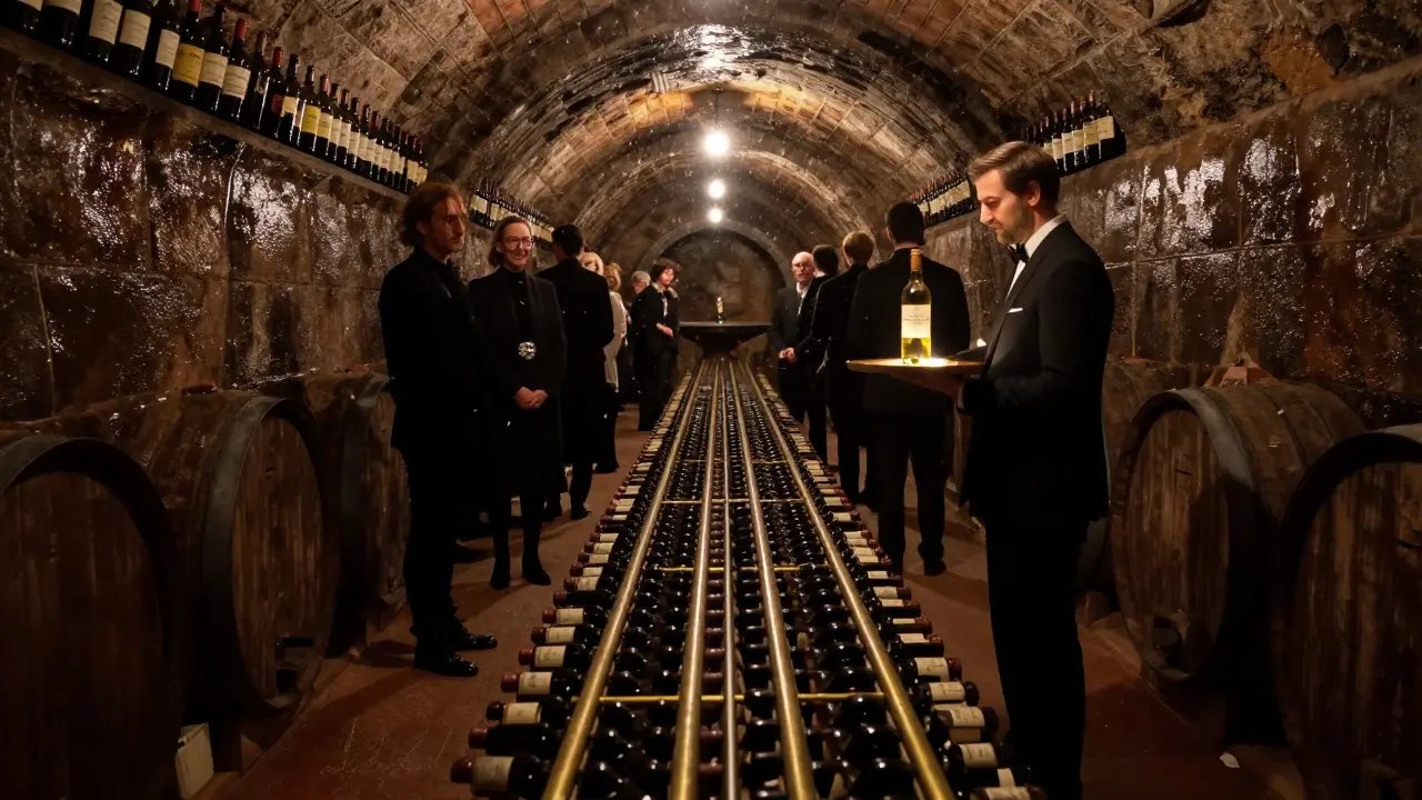 Cave à vin transformée en piste de danse, bouteilles anciennes et invités en tenues sombres sous éclairage doré.