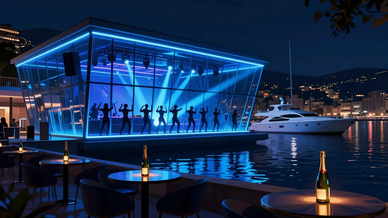 Club Le Blue au port de Fontvieille, lumière bleue néon, silhouettes de danseurs et un yacht reflétant les lumières.