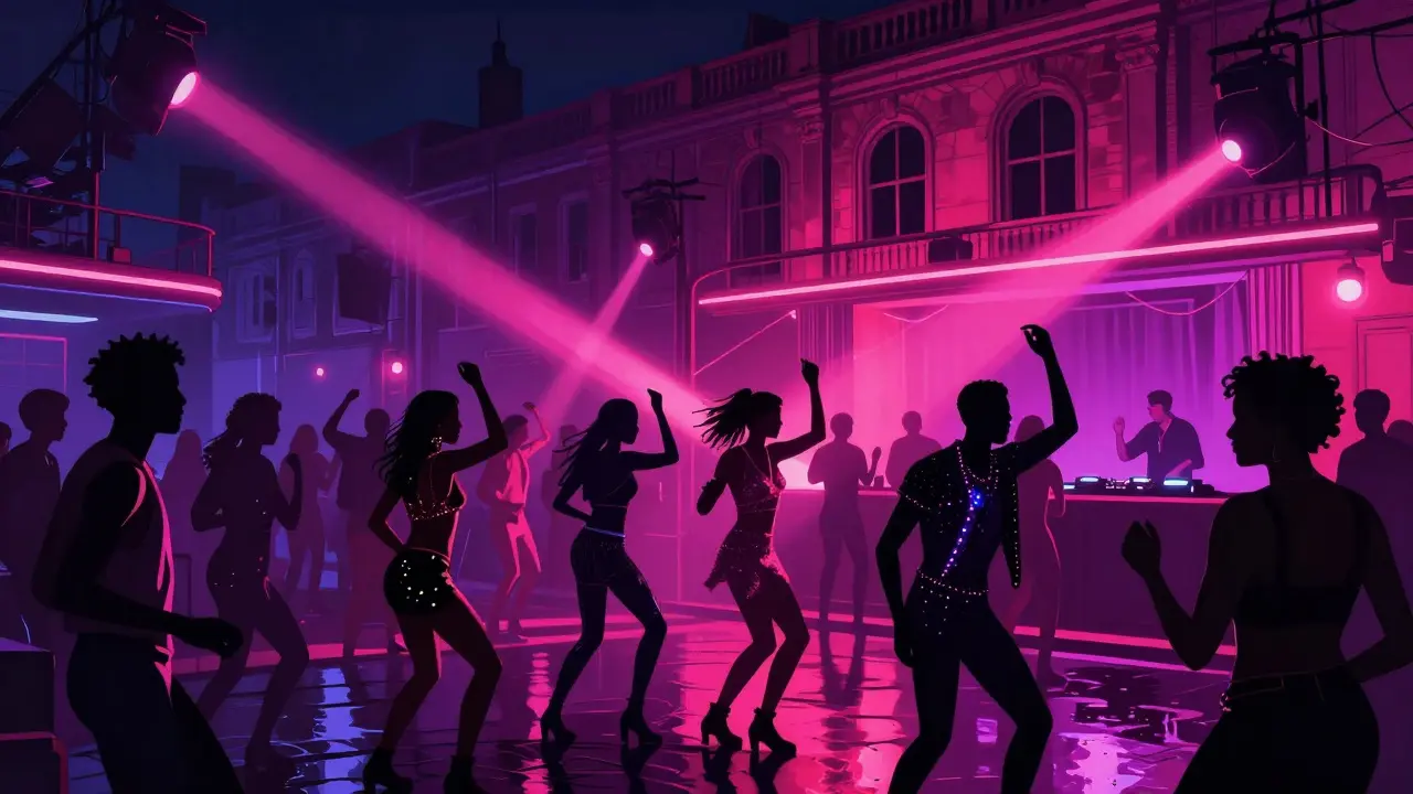 Club Le Palace la nuit, foule dansant sous des lumières néon, costumes colorés et énergie électrique.
