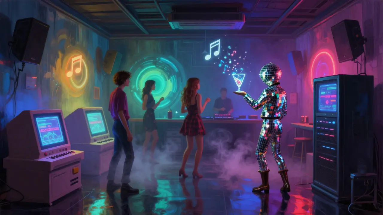 Club The Vault en thème rétro, murs lumineux changeants, consoles anciennes et serveur en costume des années 70 dans une ambiance néon.