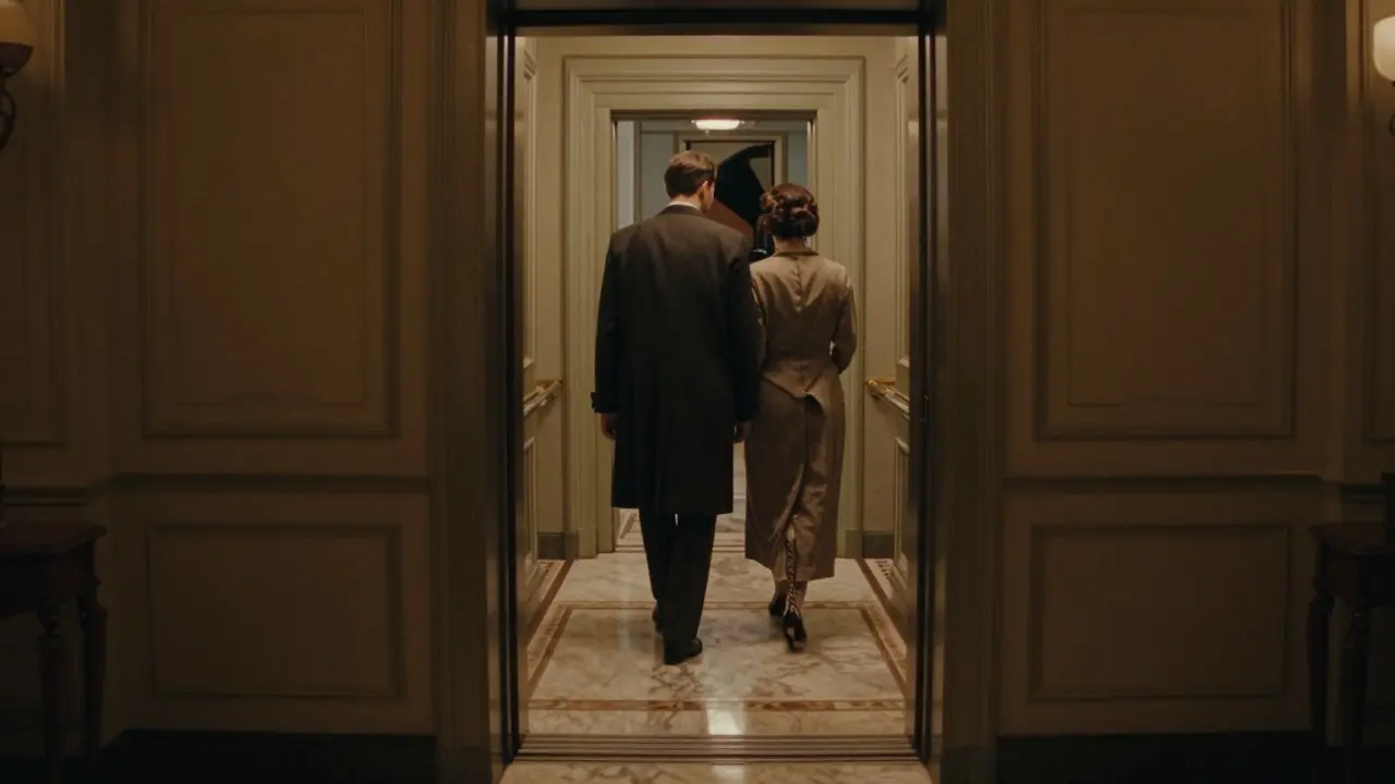 Couloir secret d'hôtel de luxe à la tombée de la nuit, deux silhouettes discrètes s'éloignent.