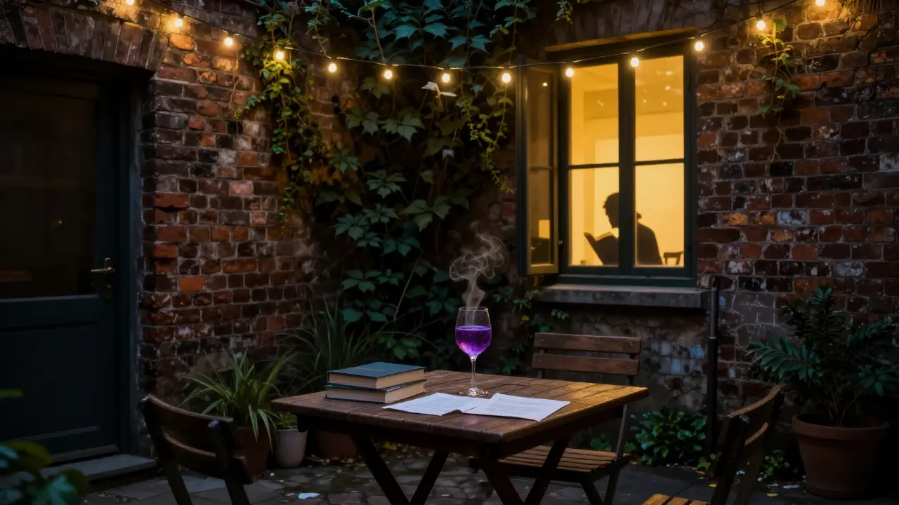 Courtyard secret à Isola avec un cocktail pourpre et des livres de poésie sous une lumière chaude.