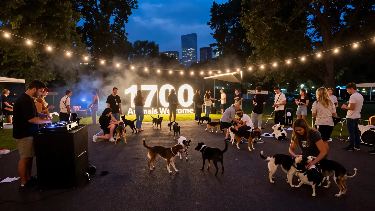 Des centaines de chiens et leurs propriétaires profitent d'une soirée festive dans un parc, sous des guirlandes lumineuses.