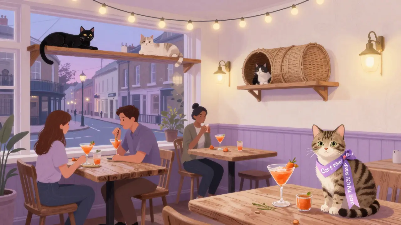 Des chats détendus sur des étagères en bois dans un pub calme, leurs propriétaires boivent des boissons sans alcool.