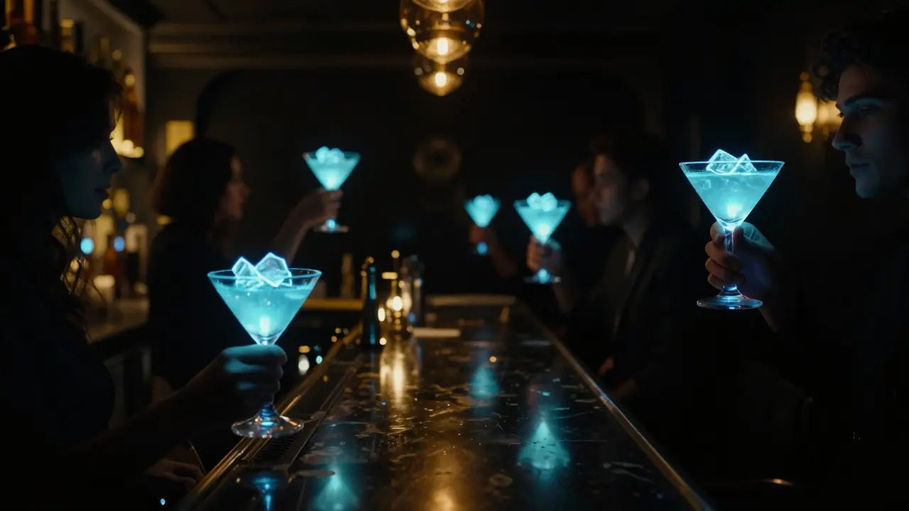 Des mains tenant des verres fluorescents dans une pièce entièrement noire éclairée par des UV.