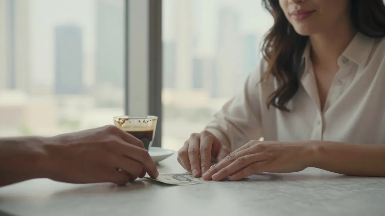 Deux mains sur une table de marbre : une pose un billet, l&#039;autre le couvre en signe de reconnaissance, skyline de Dubaï en arrière-plan.