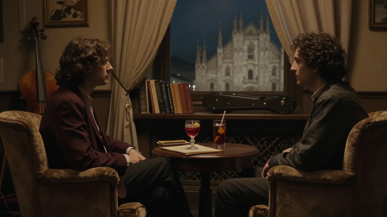 Deux personnes assises dans un salon intime de Brera, éclairées par une lampe chaude, un verre de Campari Soda entre elles, dans une atmosphère de douceur et de discrétion.