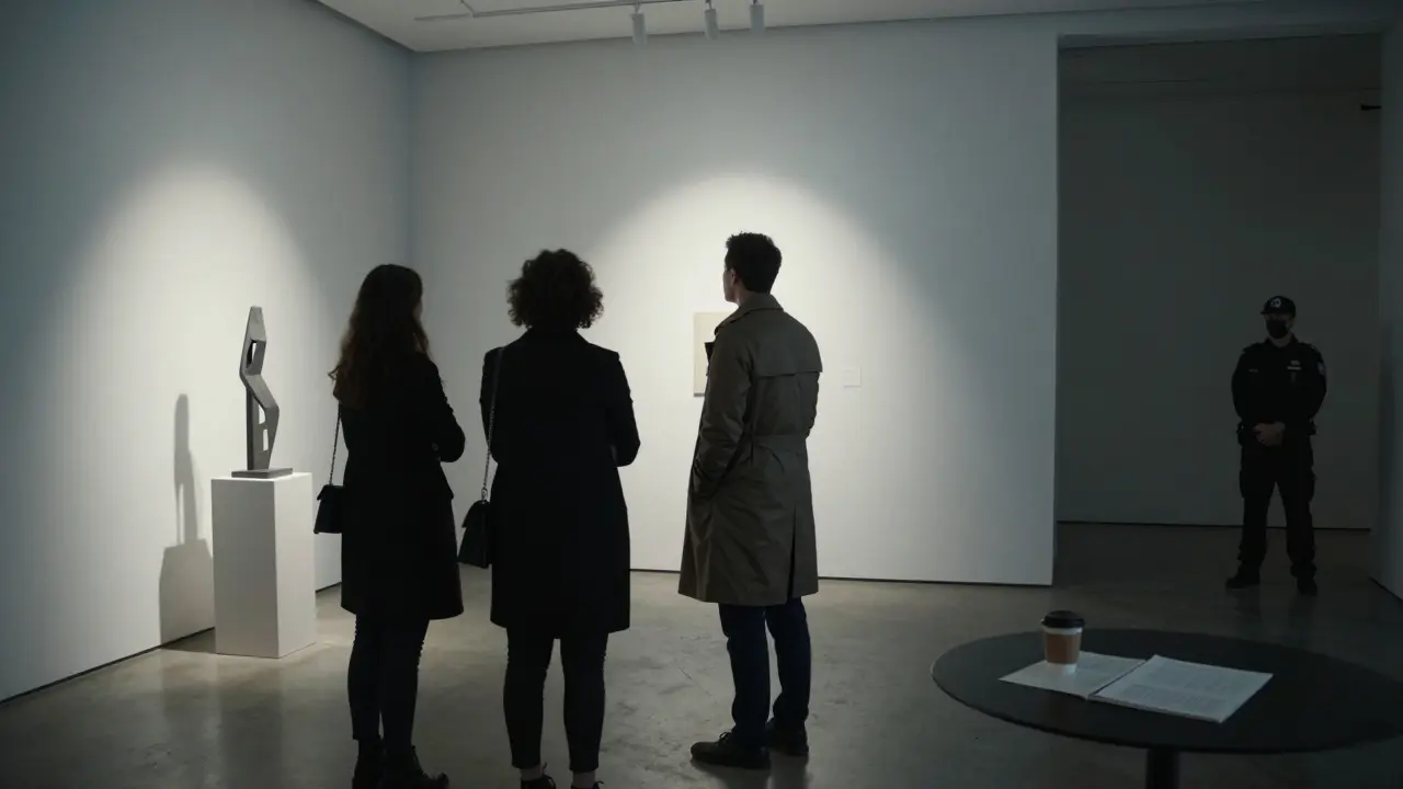 Deux personnes dans une galerie d'art fermée, admirant une sculpture dans la pénombre.