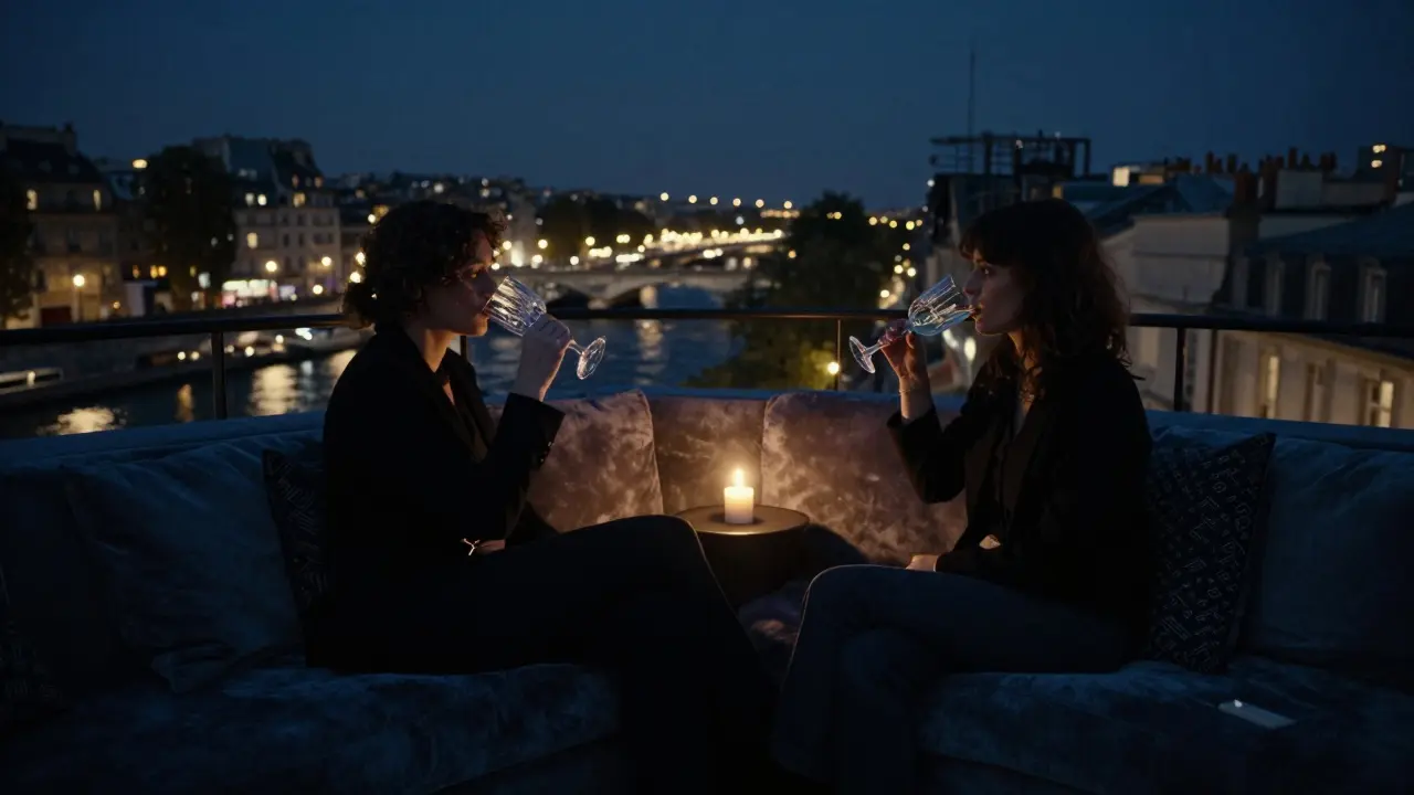 Deux personnes profitent d&#039;un moment de paix sur une terrasse privée à Paris, sous les lumières de la ville.