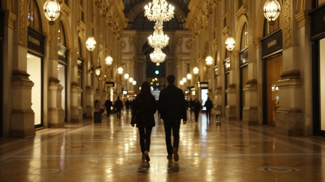 Deux silhouettes marchant lentement sous les lustres de la Galleria Vittorio Emanuele II la nuit.