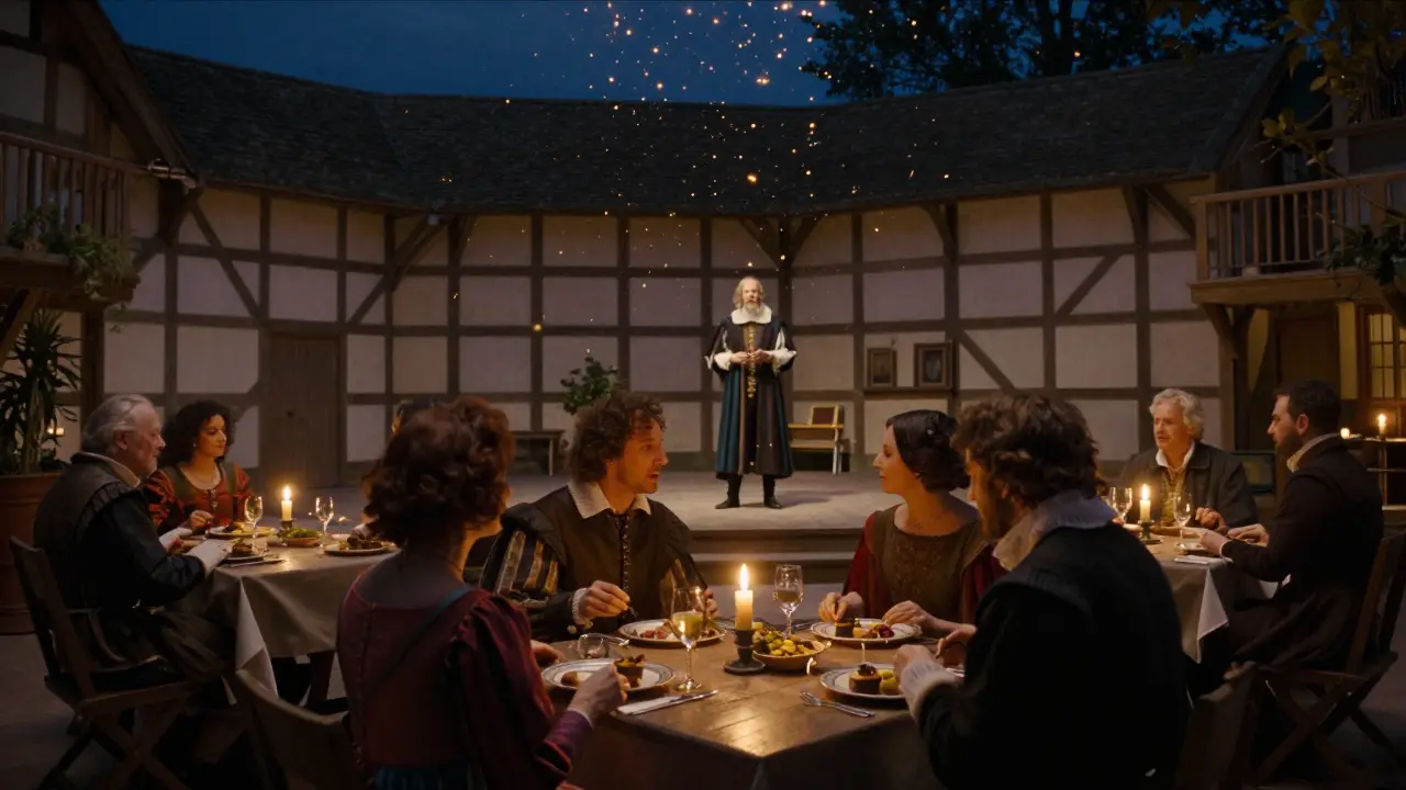 Dîner sous les étoiles au Shakespeare’s Globe, un acteur lit une pièce en costume d&#039;époque près de tables en bois.
