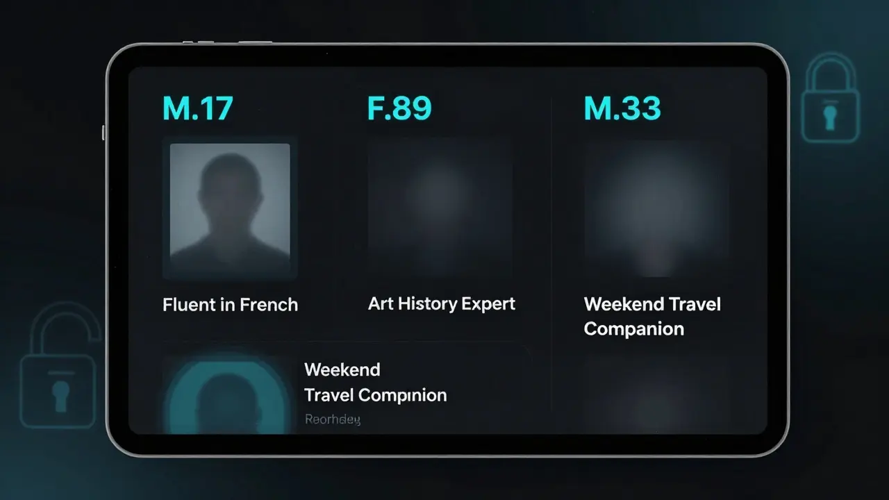 Interface sécurisée affichant des profils anonymisés d'accompagnantes et accompagnateurs à Berlin.