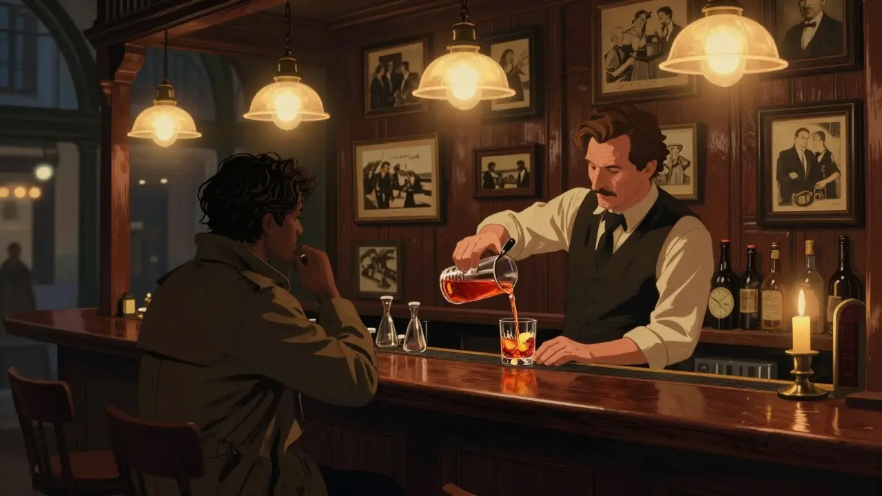 Intérieur chaleureux du Bar Termini avec barman servant un cocktail, murs décorés de souvenirs théâtraux.