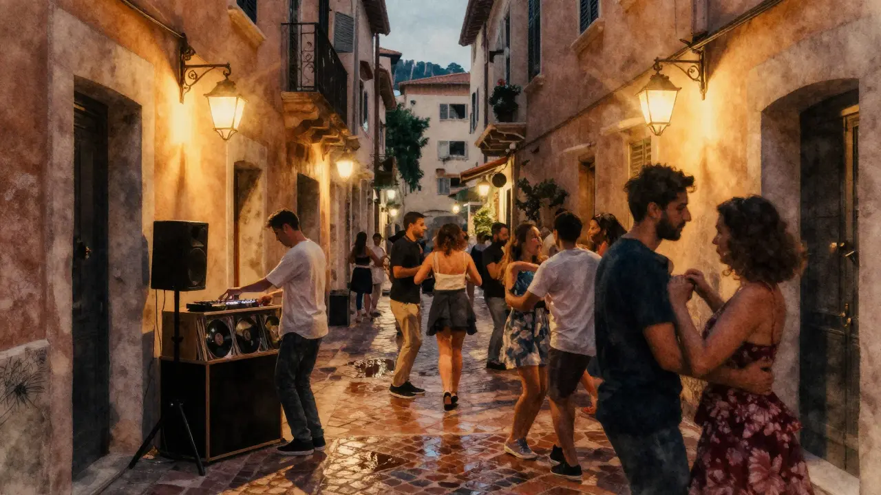La Rascasse, club discret dans une ruelle de Monaco-Ville, éclairage tamisé, danseurs en mouvement sous des lanternes chaudes.