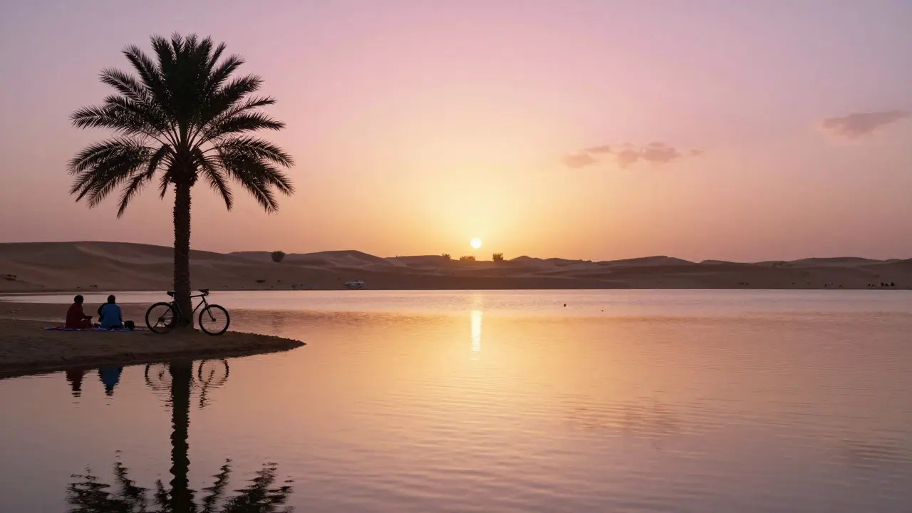 Lacs d'Al Qudra au coucher du soleil, reflétant le ciel coloré avec des familles et un vélo abandonné.