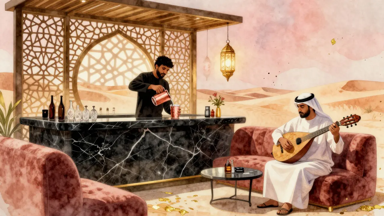 Lounge Al Maha avec décor desertique moderne, musicien jouant de l'oud et éclairage chaleureux en tons dorés et roses.