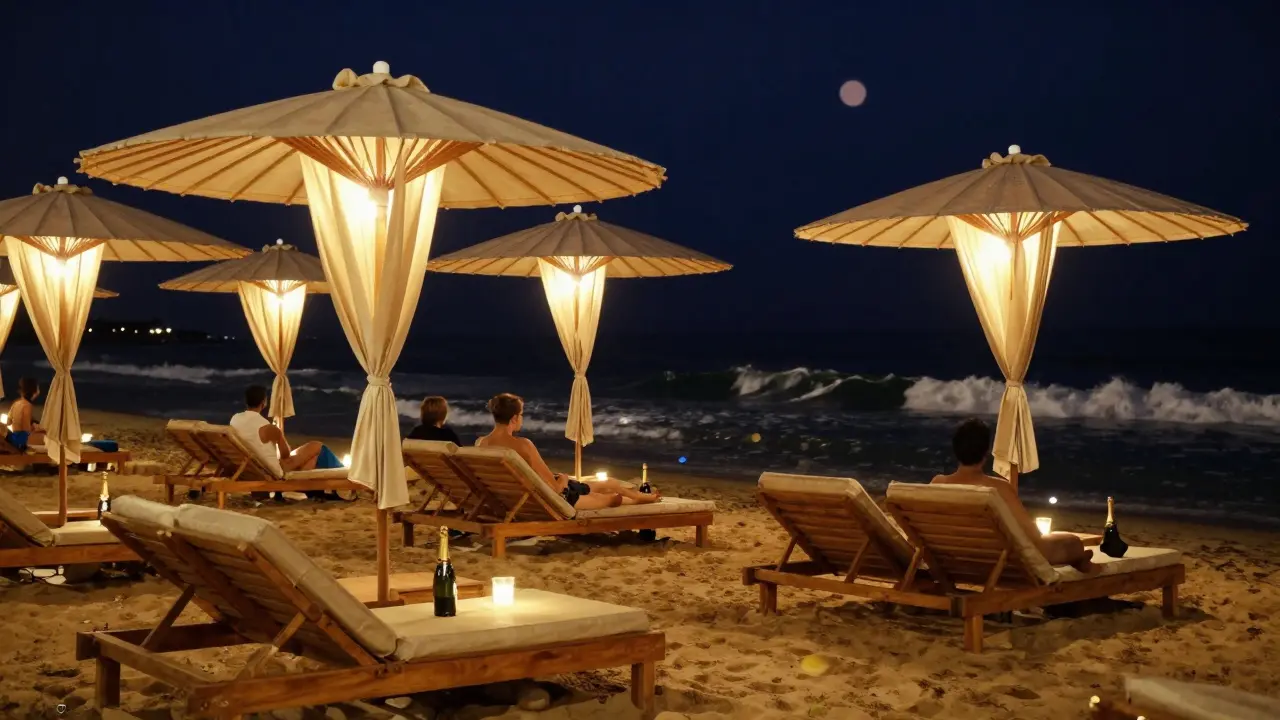 Plage de Nikki Beach transformée en club nocturne, avec des lits en bois et des bouteilles de champagne sous les lumières.