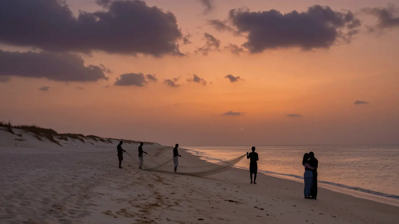 Plage tranquille d'Al Sufouh au crépuscule, avec des pêcheurs et un couple silencieux sous un ciel orangé.