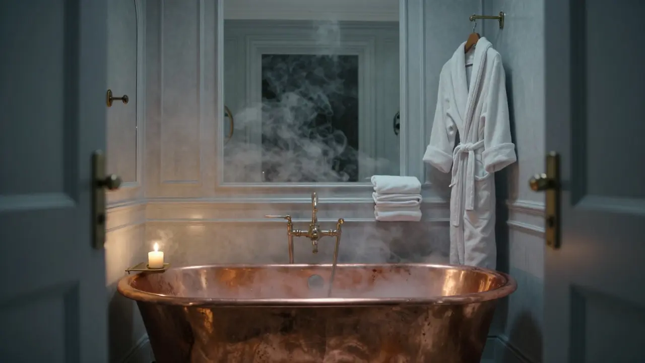 Salle de bain de luxe avec baignoire en cuivre et vapeur, lumière tamisée et absence de miroirs.