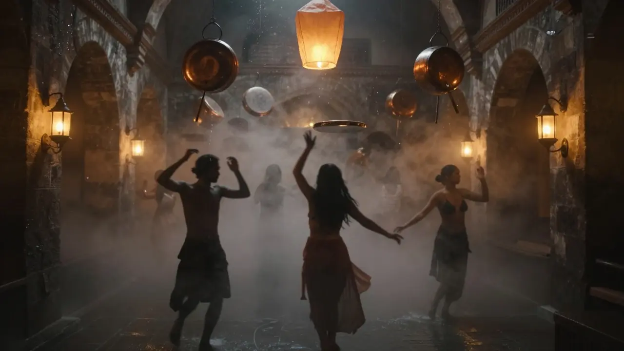 Soirée dans un hammam turc, silhouettes dansant dans la vapeur, lumières tamisées et instruments flottants dans l’air.