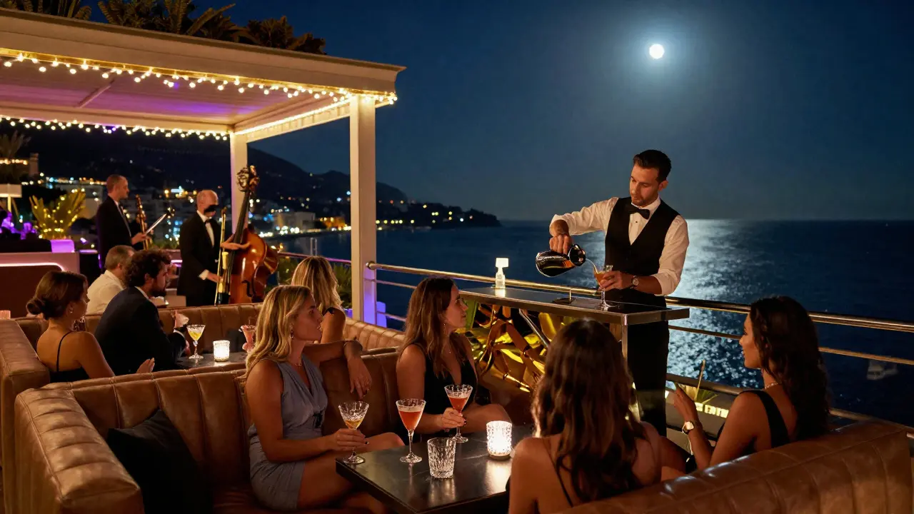 Terrasse de L’Hélios surplombant la mer, avec des invités au coucher du soleil et une musique live.