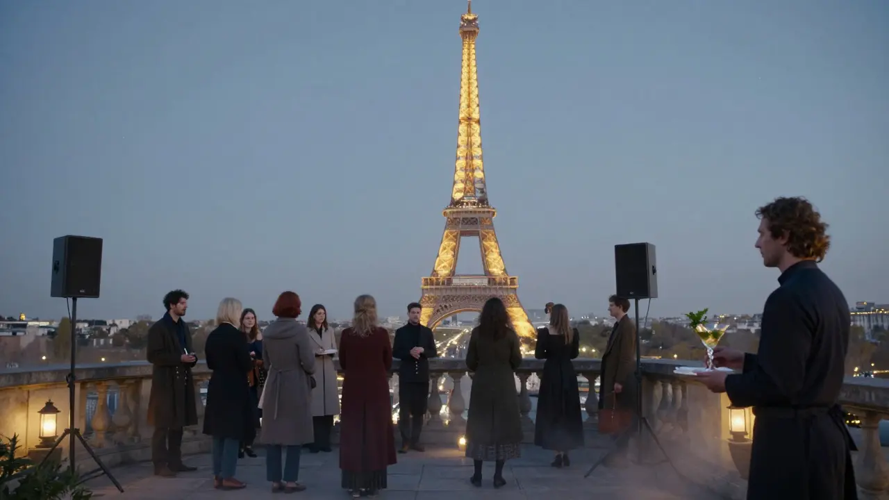 Terrasse secrète sur la tour Saint-Jacques avec vue sur la Seine et la tour Eiffel, invités silencieux sous lumières discrètes.