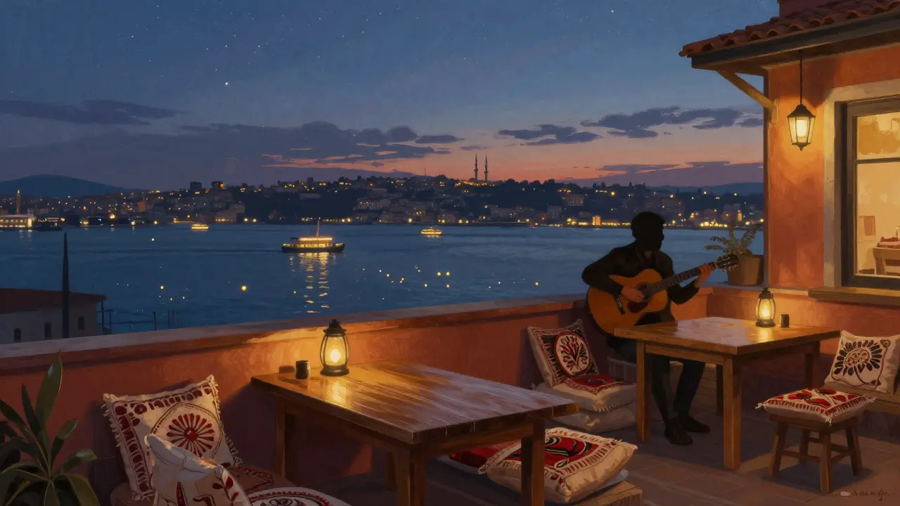Toit de Beyoğlu surplombant le Bosphore, guitare acoustique en silhouetté sous les étoiles, ferries brillants sur l’eau.