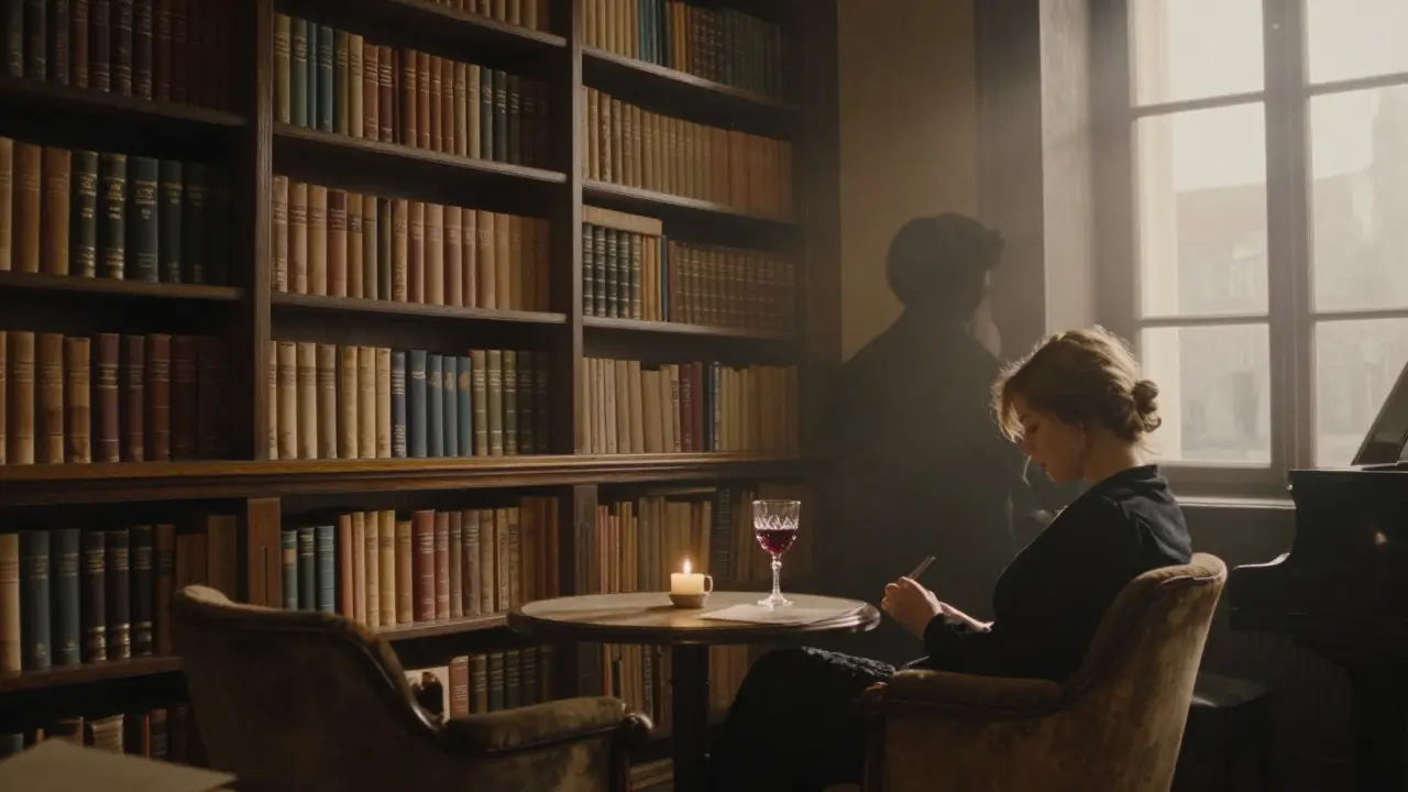 Un bar littéraire calme avec des étagères de livres, une personne lit près d&#039;une bougie, la lumière du matin filtre doucement.