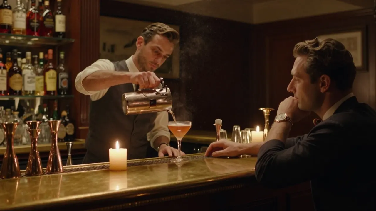 Un barman prépare un cocktail dans un bar vintage de Milan, éclairé par des bougies.