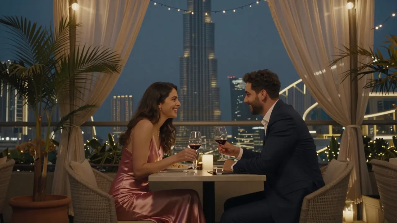 Un couple dîne en intimité sur un toit-terrasse à Dubaï, avec la Burj Khalifa en arrière-plan.