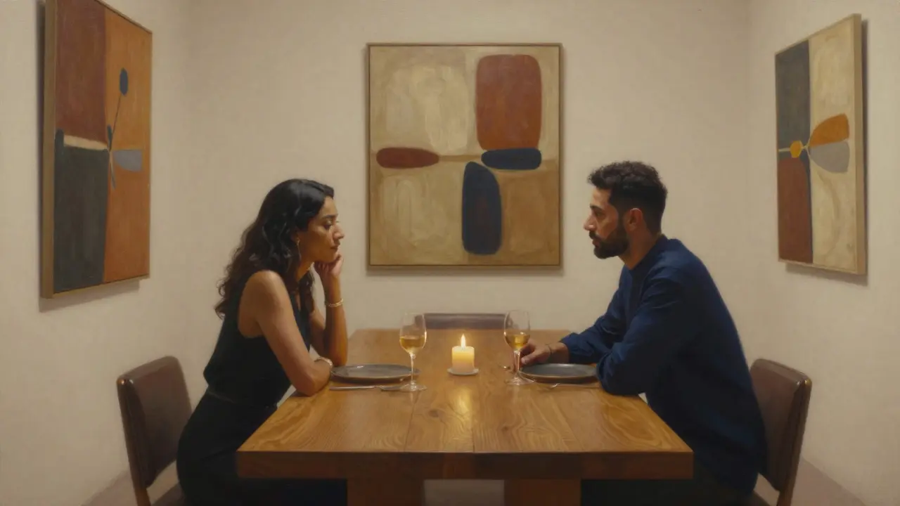 Un dîner intime dans une galerie d&#039;art contemporain, avec une femme et un invité éclairés par une bougie.