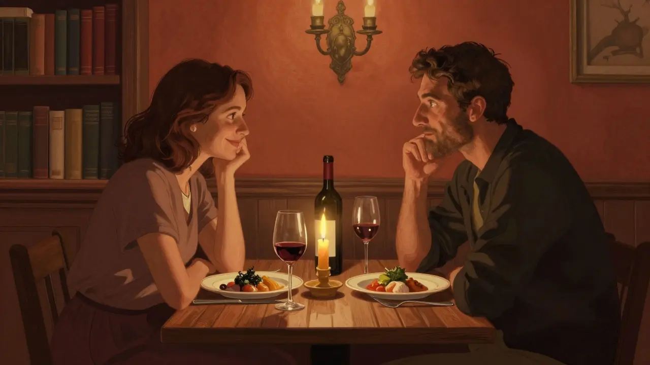 Un dîner intime dans une trattoria cachée, avec bougies, vin et plats italiens sur une table en bois.