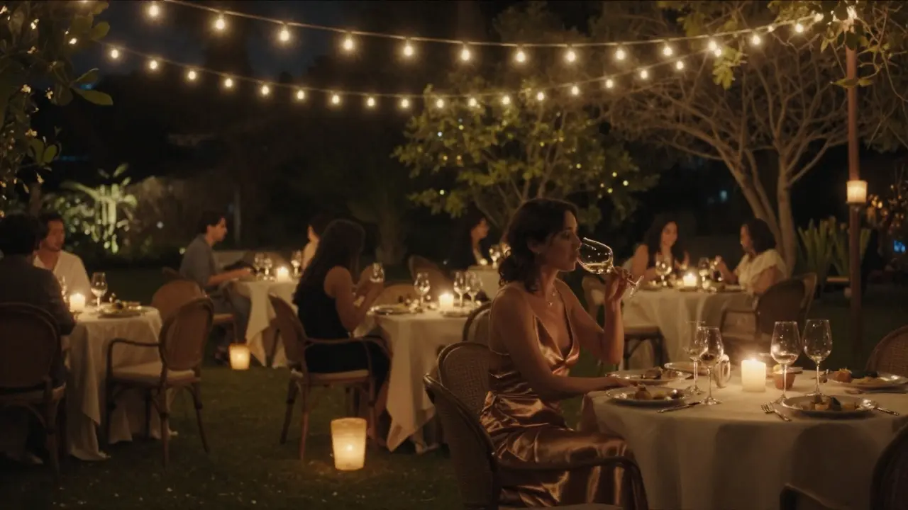 Un jardin privé à Yas Island illuminé par des lanternes, une femme en robe de soie sirotant du vin.