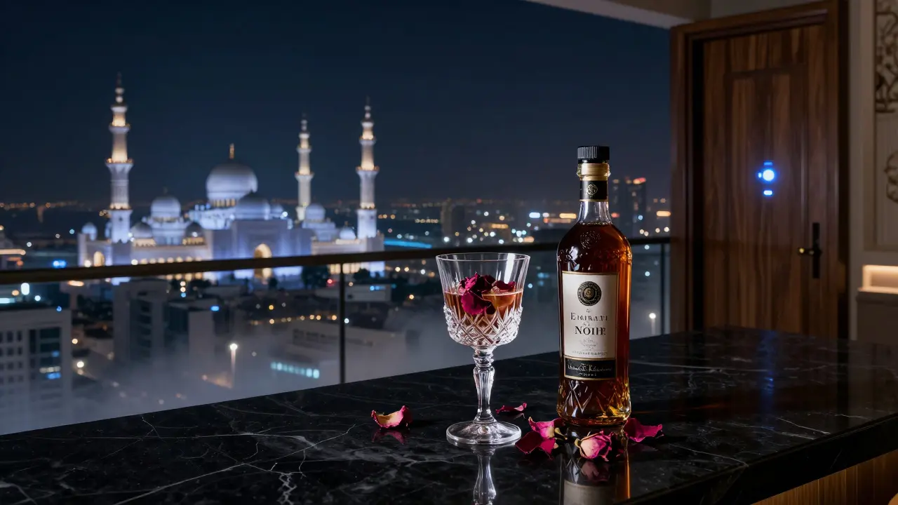 Un rooftop secret d&#039;Abu Dhabi avec un verre de cocktail et la mosquée Sheikh Zayed en arrière-plan.