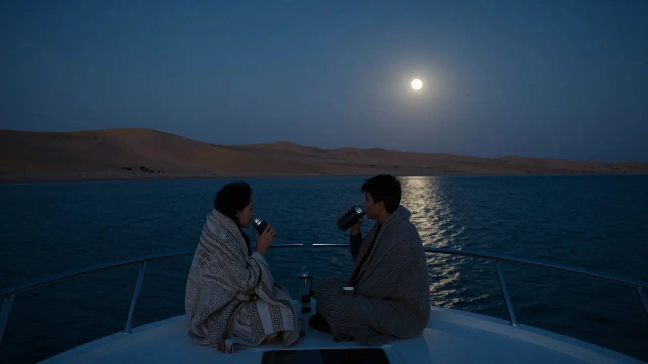 Un yacht au crépuscule, deux personnes enveloppées dans des couvertures, sous un ciel étoilé au-dessus du désert.