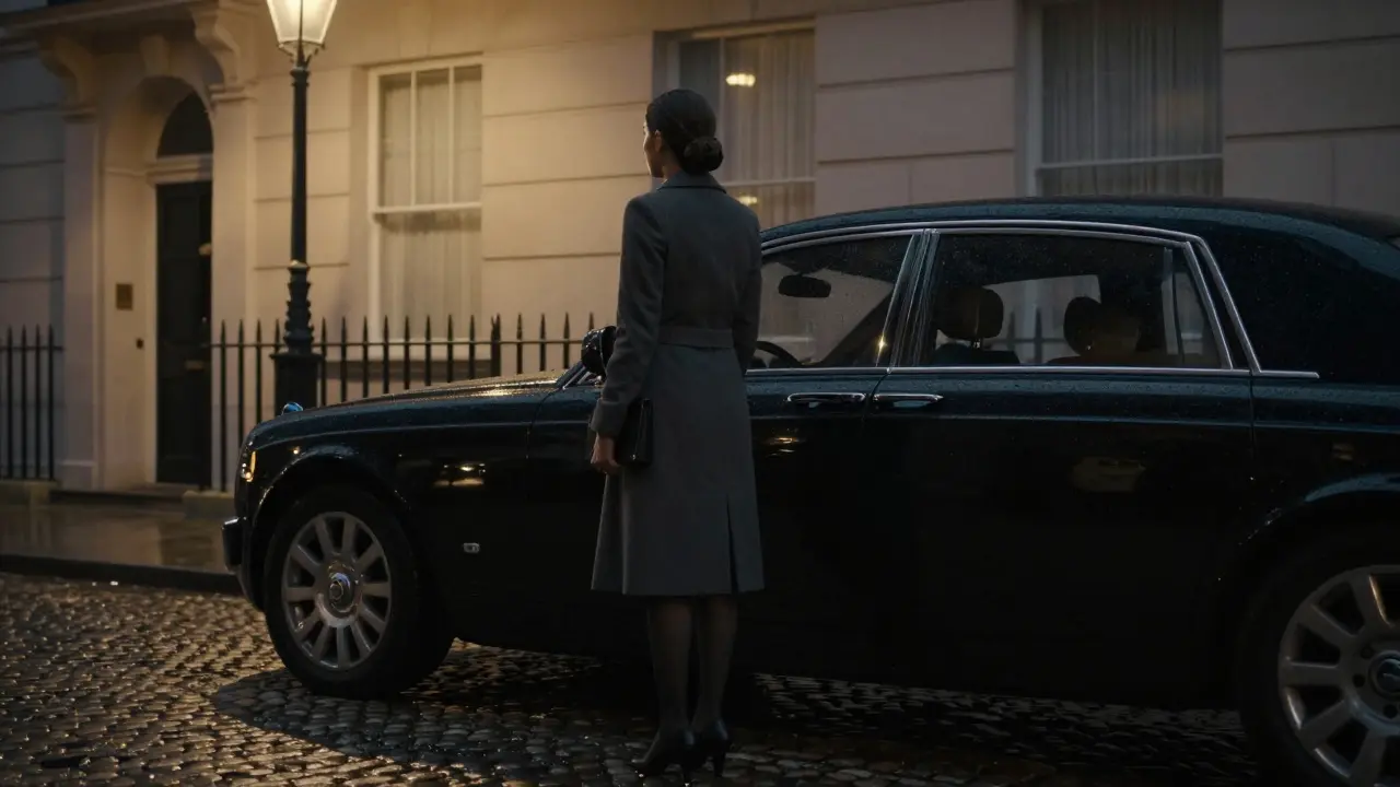 Une compagne professionnelle attend près d'une voiture de luxe dans une rue calme de Belgravia, Londres.