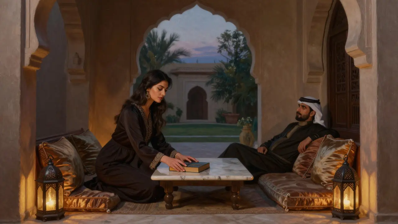 Une femme dépose un livre près d'un homme dans une villa privée, éclairée par des lanternes parfumées.