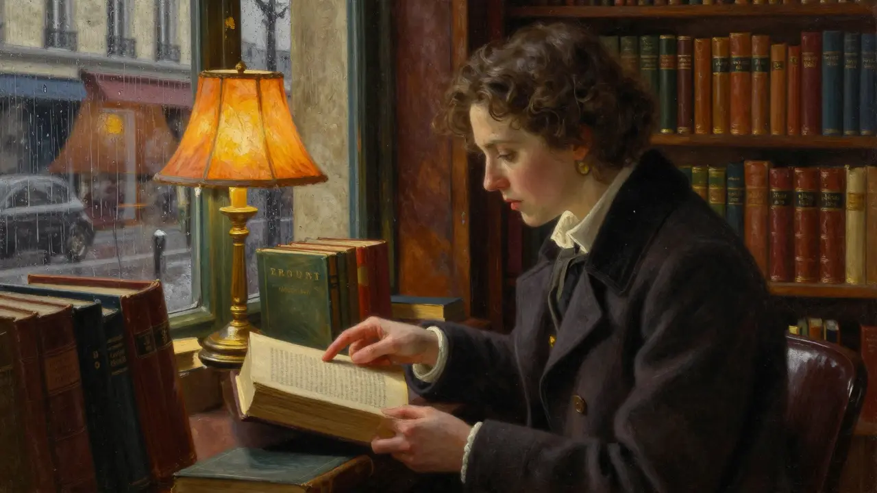 Une femme et un homme discutent tranquillement dans une librairie ancienne du 5e arrondissement.